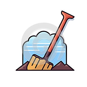 Vector of a flat vector icon of a shovel with a long handle on top of a pile of dirt