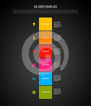 Vector flat vertical progress six steps template on dark background