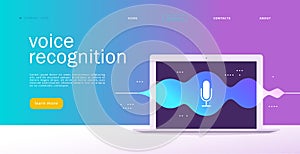 Vector flat voice recognition illustration. Landing page design. Laptop screen with sound waves and microphone dynamic icon.