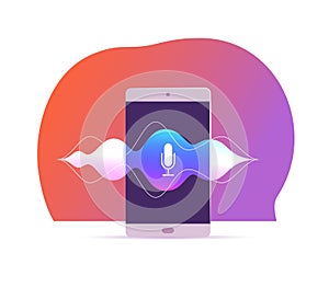 Vector flat voice recognition illustration with smartphone screen, dynamic microphone icon on it, sound waves, stand isolated.