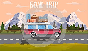 Vector flat web banner on the theme of Road trip,