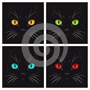 Vector Flat Yellow, Green, Blue, Red Cats Eye of a Black Cat in the Dark, at Night. Cat Face with Yes, Nose, Whiskers on