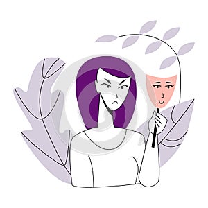 Vector flat young angry woman holding mask with image her happy face