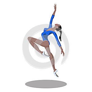 Vector flexible african ballerina in sport bodysuit dress, jumping and dancing on pointe shoes. Female beautiful classic theater