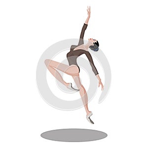 Vector flexible ballerina in sport bodysuit dress, jumping and dancing on pointe shoes. Female beautiful classic theater dancer