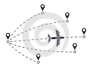 Vector flight path of an airplane from one point to another, airport. Dotted line with aircraft silhouette and direction of travel