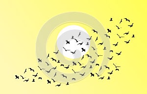Vector flock of flying birds towards bright sun