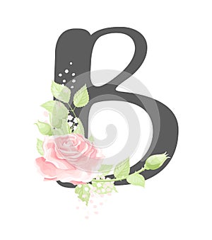 Vector floral alphabet letter B with pink cream rose flowers and green leaves