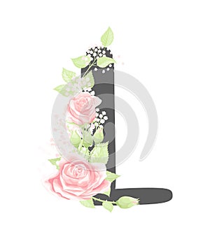 Vector floral alphabet letter L with pink cream rose flowers and green leaves