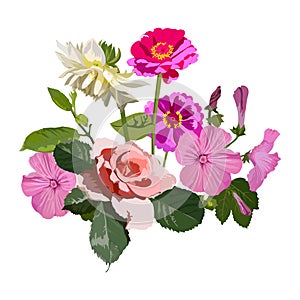 Vector floral arrangement of soda flowers isolated on white background, print for clothes, postcard. Flowers rose, dahlia, zinnia