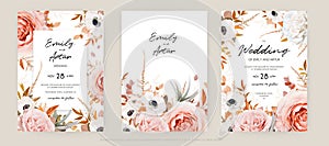 Vector floral autumn wedding invite card template set. Lush fall leaves, blush peach, pink and ivory roses, white anemone flowers