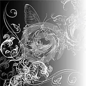 Vector floral background with swirls and butterfly