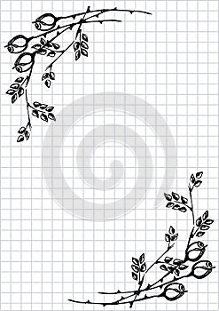 Vector floral blank for letter or greeting card. Checkered paper, white squared form with black hand drawn roses and leaves