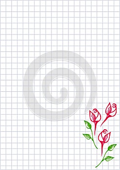 Vector floral blank for letter or greeting card. Checkered paper, white squared form with hand drawn roses and leaves.