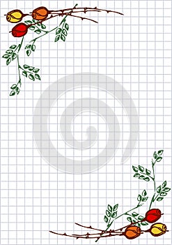 Vector floral blank for letter or greeting card. Checkered paper, white squared form with hand drawn roses and leaves.