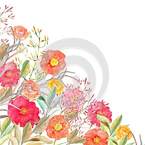 Vector floral border. Isolated roses and wild flowers drawn wate