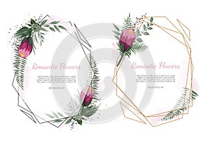 Vector floral botanical card design with leaves with geometrical frame. Protea Flower bouquet.