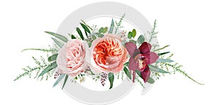 Vector floral bouquet design: blush peach, coral Juliette rose, dusty pink flower, white astrantia & burgundy red orchid,