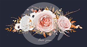 Vector floral bouquet design. Blush peach pink Roses, ivory white anemone flower, taupe, brown beige orange autumn Eucalyptus,