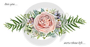 Vector floral bouquet design: garden pink peach lavender Rose wa