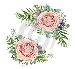 Vector floral bouquet design: garden pink peach lavender Rose wa