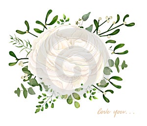 Vector floral bouquet design: garden white creamy Ranunculus Rose flower Eucalyptus branch, green fern mistletoe leaves & berry.