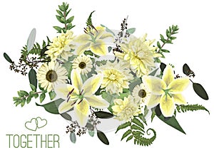 Vector floral bouquet design, green forest leaf, fern, branches, buxus, eucalyptus. Flowers of yellow, white lily, gerbera, dahlia
