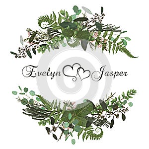 Vector floral bouquet design set, green forest leaf, brunia, fern, branches boxwood, buxus, eucalyptus and chamaelaucium.