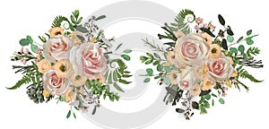 Vector floral bouquet design set, green forest leaf, brunia, fern, branches boxwood, buxus, eucalyptus, eustoma, tea roses and