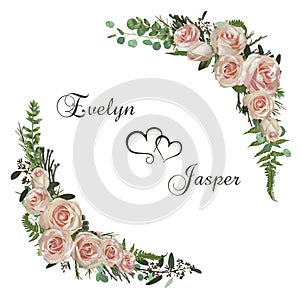 Vector floral bouquet design set, green forest leaf, brunia, fern, branches boxwood, buxus, eucalyptus, eustoma, tea roses and