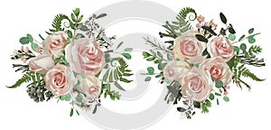 Vector floral bouquet design set, green forest leaf, brunia, fern, branches boxwood, buxus, eucalyptus, tea roses and