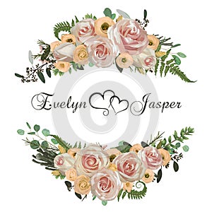 Vector floral bouquet design set, green forest leaf, brunia, fern, branches boxwood, buxus, eucalyptus, tea roses and