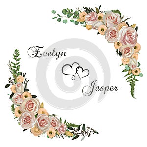 Vector floral bouquet design set, green forest leaf, brunia, fern, branches boxwood, buxus, eucalyptus, tea roses and