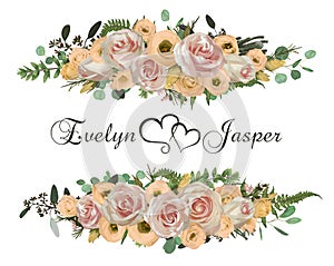 Vector floral bouquet design set, green forest leaf, brunia, fern, branches boxwood, buxus, eucalyptus, tea roses and