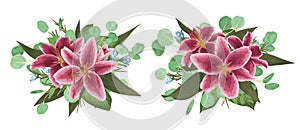 Vector floral bouquet design: set of tender pink, burgundy lily