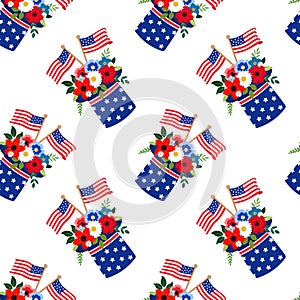 Vector floral bouquet in patriotic top hats with green leaves, flags. Great for holiday cards, 4th of July banners