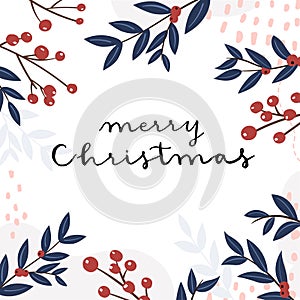 Vector floral card of blue leaves and red berries with Merry Christmas handwritten calligraphy
