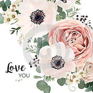 Vector floral card design: garden flower pink peach Rose white A