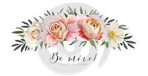 Vector floral card design: garden pink peach, creamy orange Rose