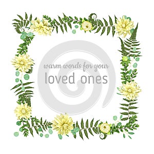 Vector floral card design. Green fern forest leaves herbs, eucalyptus, boxwood flowers of yellow dahlia. Natural botanical