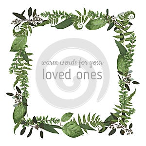 Vector floral card design. Green fern forest leaves herbs, eucalyptus, boxwood. Natural botanical Greeting wedding invite