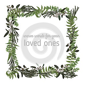 Vector floral card design. Green fern forest leaves herbs, eucalyptus, brunia, boxwood. Natural botanical Greeting wedding invite
