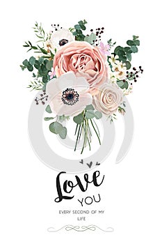 Vector floral card design: Rose peach pink flower white Anemone