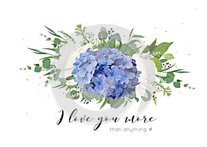 Vector floral card design with tender bouquet of blue hydrangea flower, white garden roses, poppies, eucalyptus, lilac flowers, gr