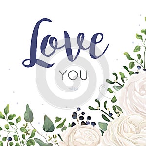 Vector floral card Design with watercolor white ranunculus flower blue berry eucalyptus mistletoe fern leaf bouquet border. Weddin