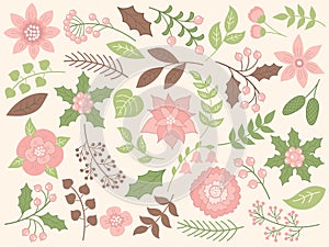 Vector Floral Christmas Set with Flowers and Leaves