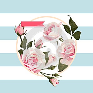Vector floral circle shape frame with pink roses on blue striped background