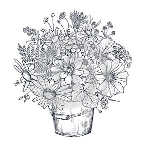 Vector floral composition with black and white hand drawn herbs and wildflowers