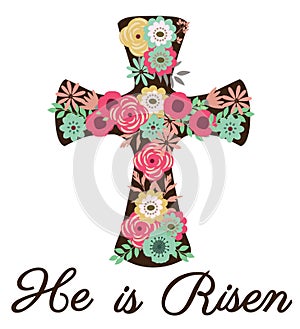 Vector Floral Cross He is Risen Silhouette.