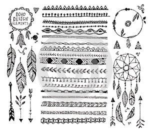 Vector floral decor set, collection of hand drawn doodle boho style dividers, borders, arrows design elements, dream